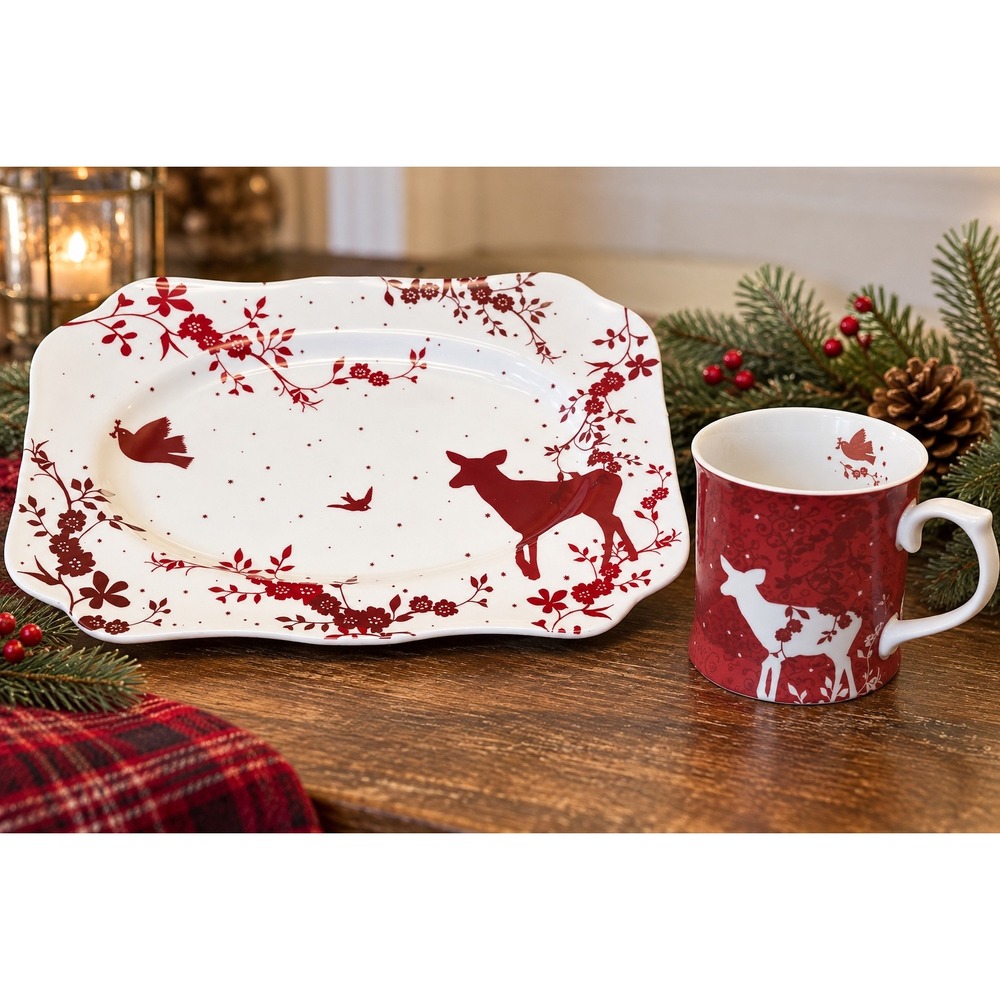Rosanna Barnes & Noble Porcelain Deer & Bird Mug Matching Serving Platter set
